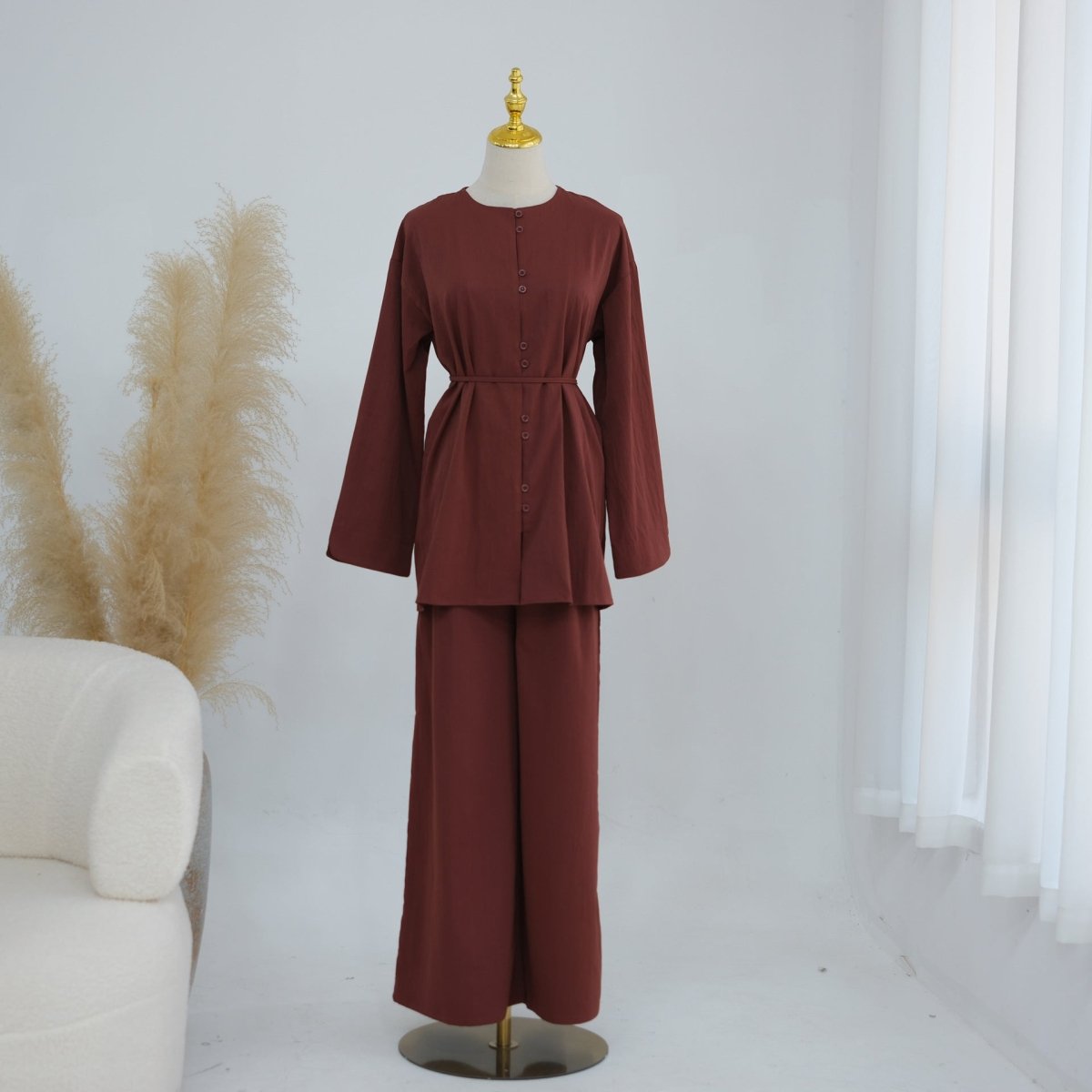 Button-Front Longline Top & Wide-Leg Trouser Set