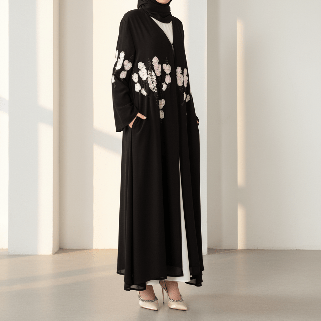 Luxury Floral Embroidered Double-Layer Chiffon Open Abaya