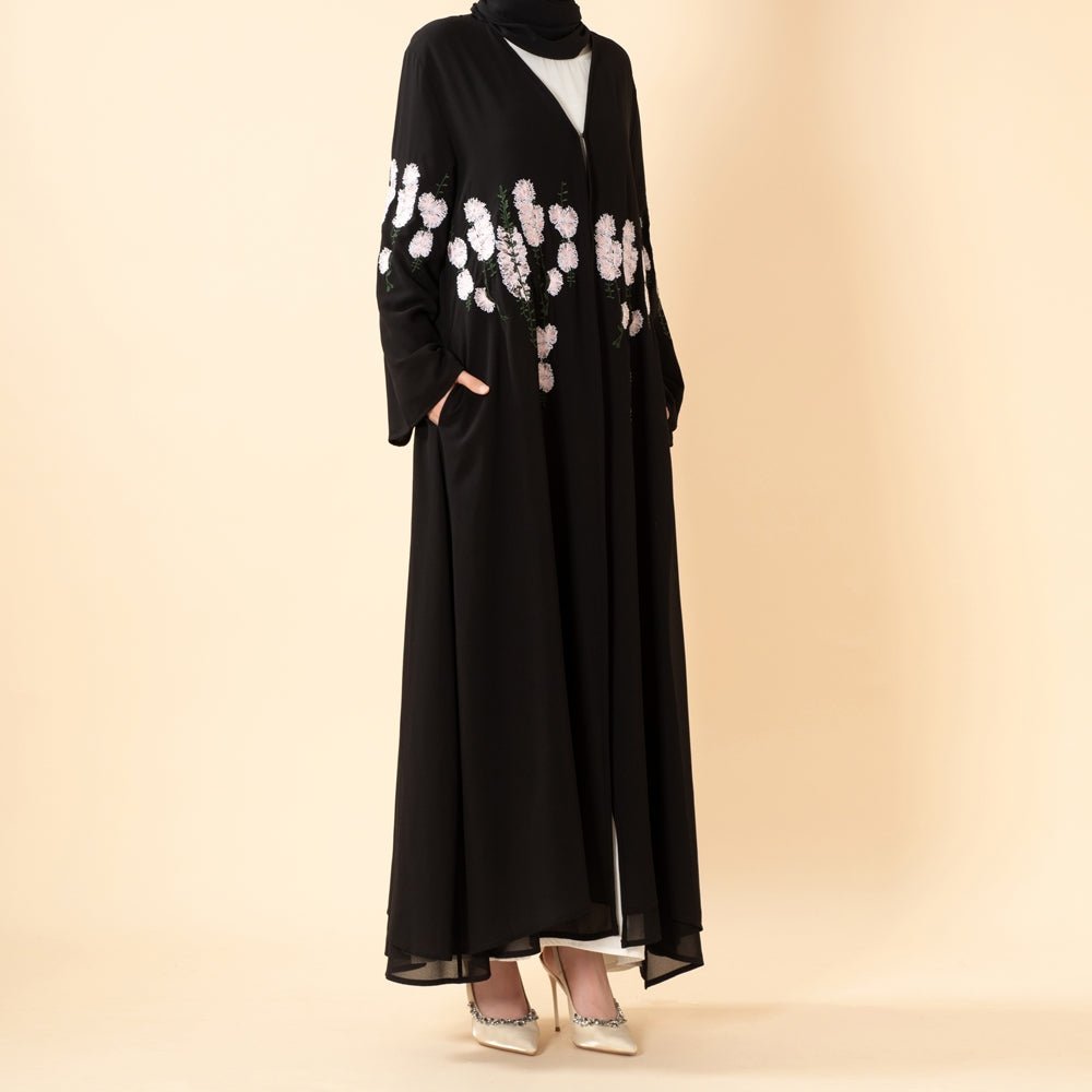 Luxury Floral Embroidered Double-Layer Chiffon Open Abaya