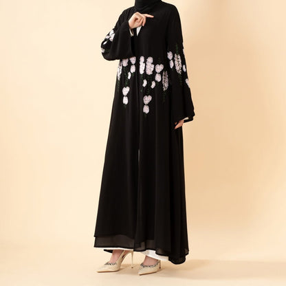 Luxury Floral Embroidered Double-Layer Chiffon Open Abaya