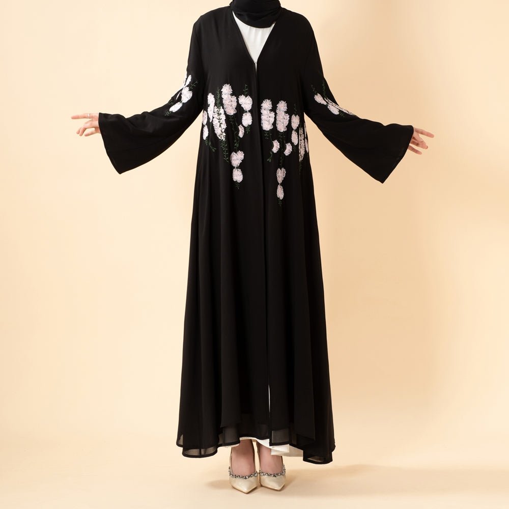 Luxury Floral Embroidered Double-Layer Chiffon Open Abaya