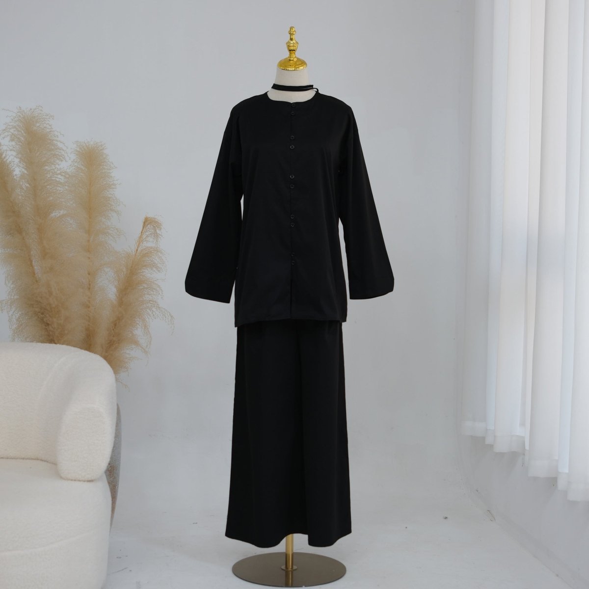 Button-Front Longline Top & Wide-Leg Trouser Set