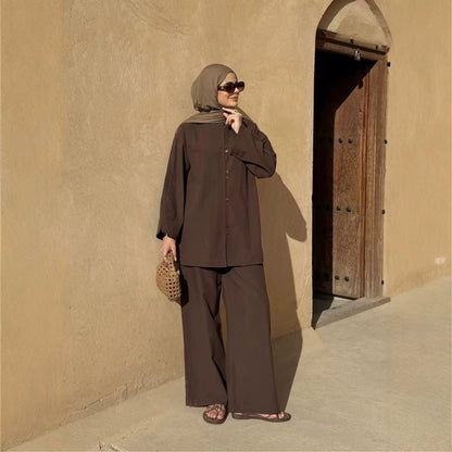 Button-Front Longline Top & Wide-Leg Trouser Set