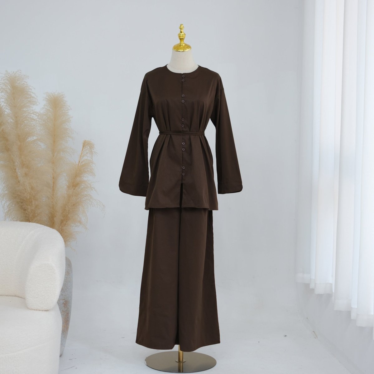 Button-Front Longline Top & Wide-Leg Trouser Set