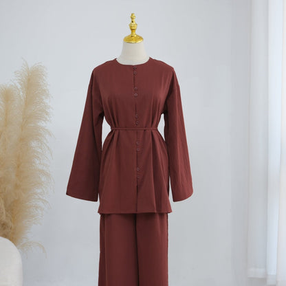 Button-Front Longline Top & Wide-Leg Trouser Set