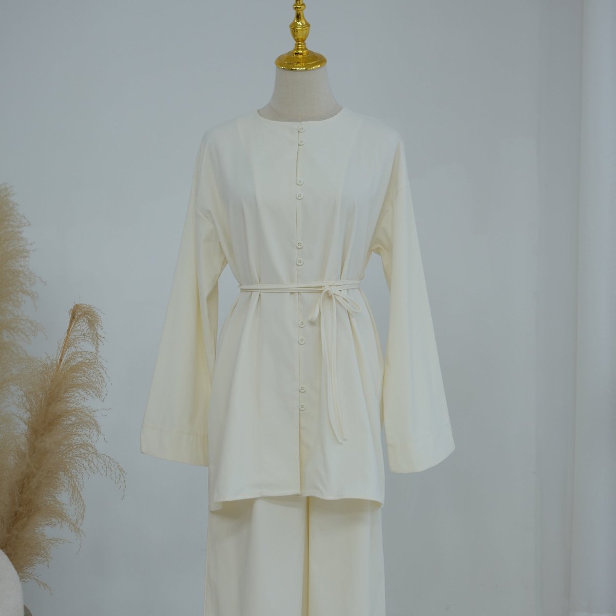 Button-Front Longline Top & Wide-Leg Trouser Set