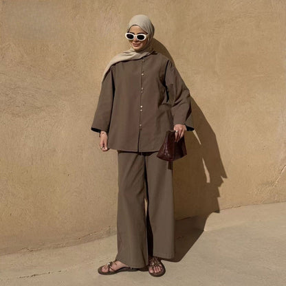 Button-Front Longline Top & Wide-Leg Trouser Set