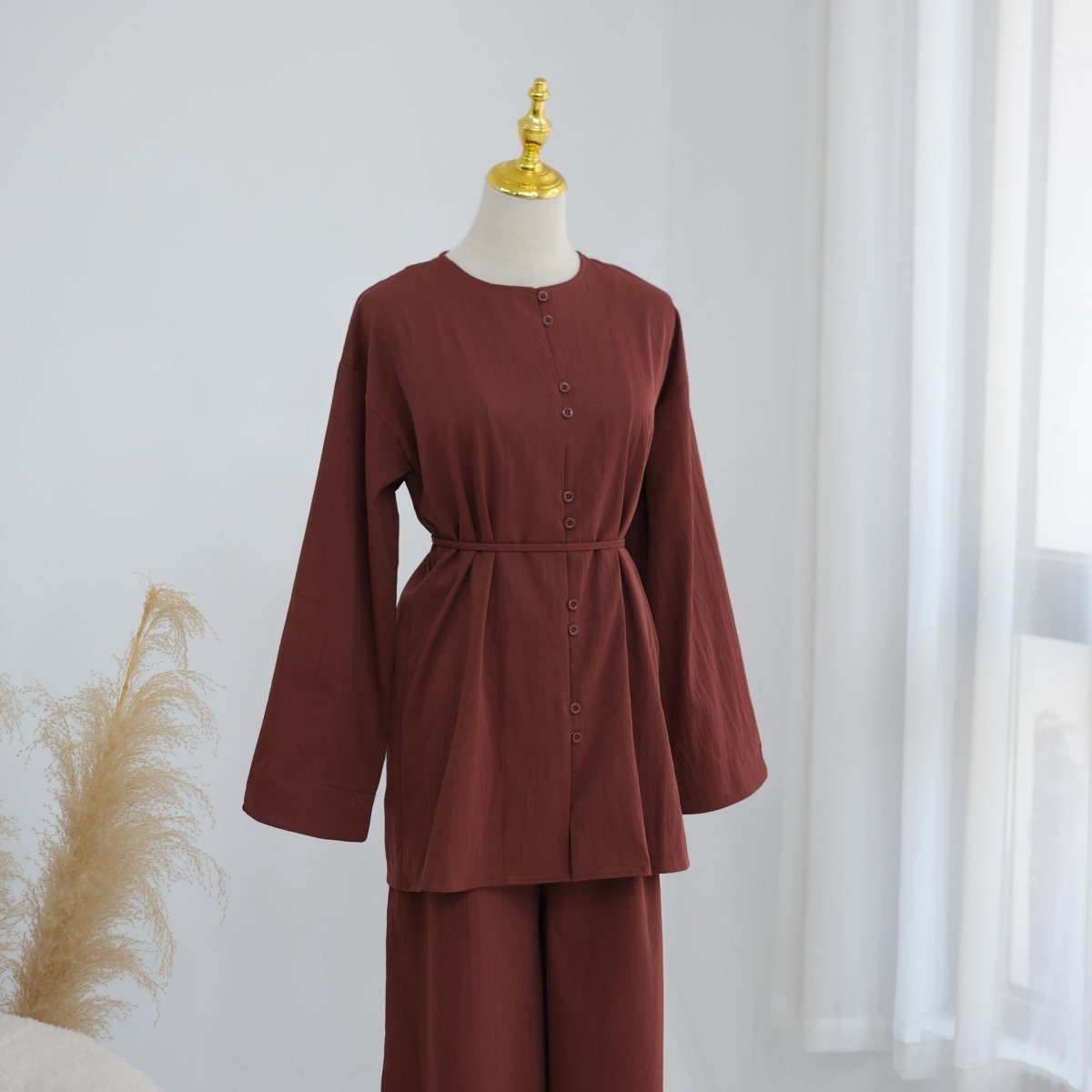 Button-Front Longline Top & Wide-Leg Trouser Set