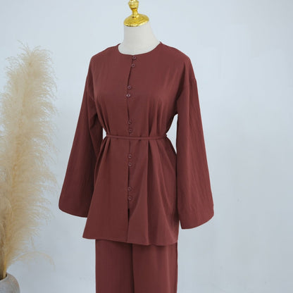 Button-Front Longline Top & Wide-Leg Trouser Set