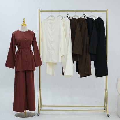 Button-Front Longline Top & Wide-Leg Trouser Set