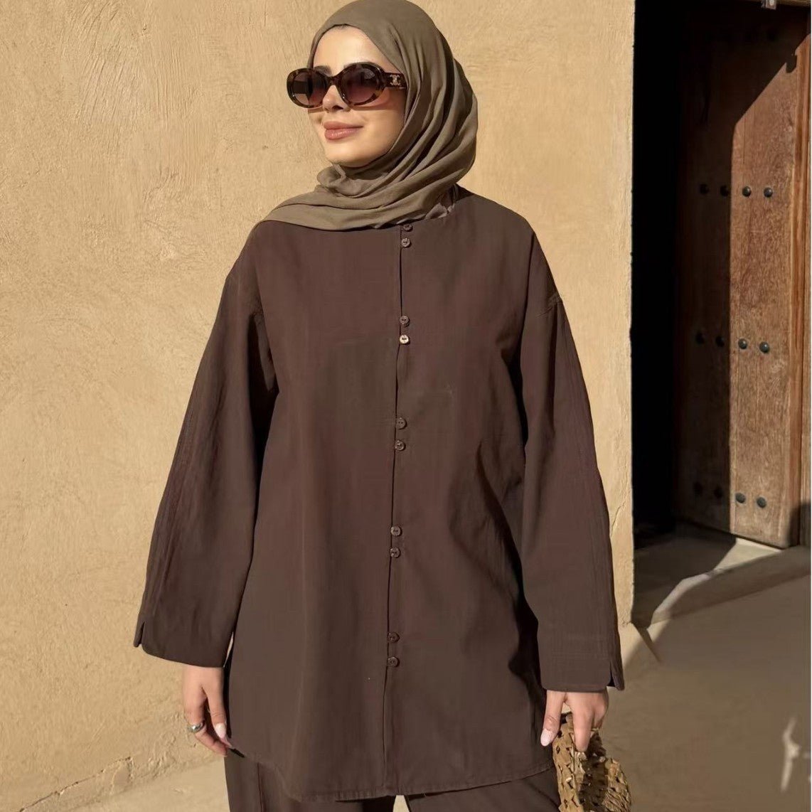 Button-Front Longline Top & Wide-Leg Trouser Set