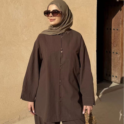 Button-Front Longline Top & Wide-Leg Trouser Set
