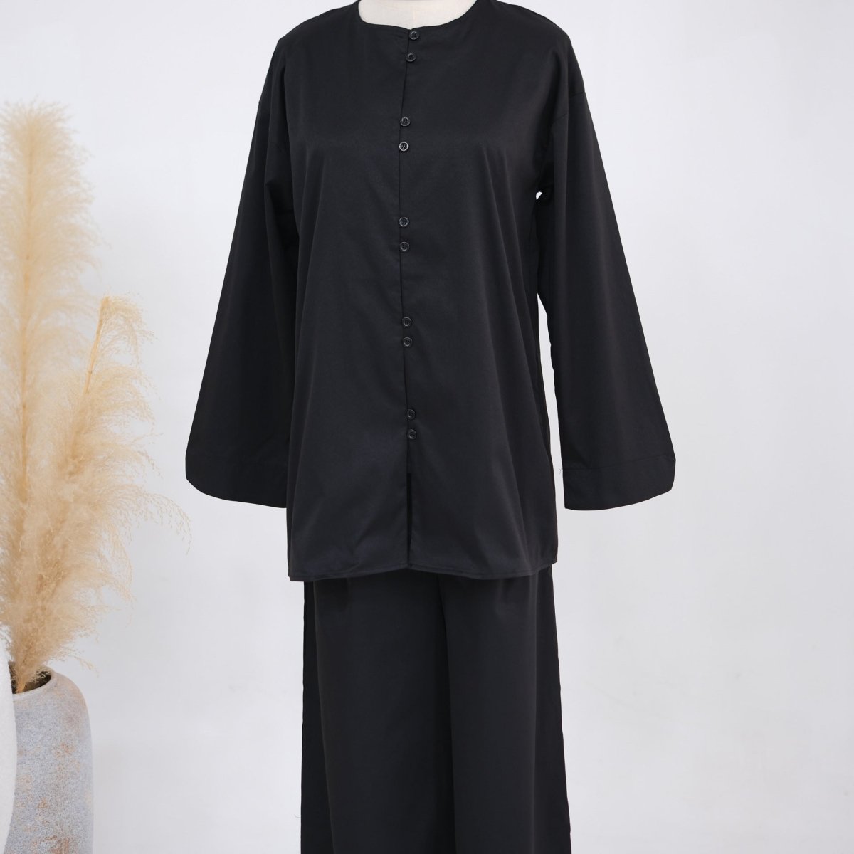 Button-Front Longline Top & Wide-Leg Trouser Set