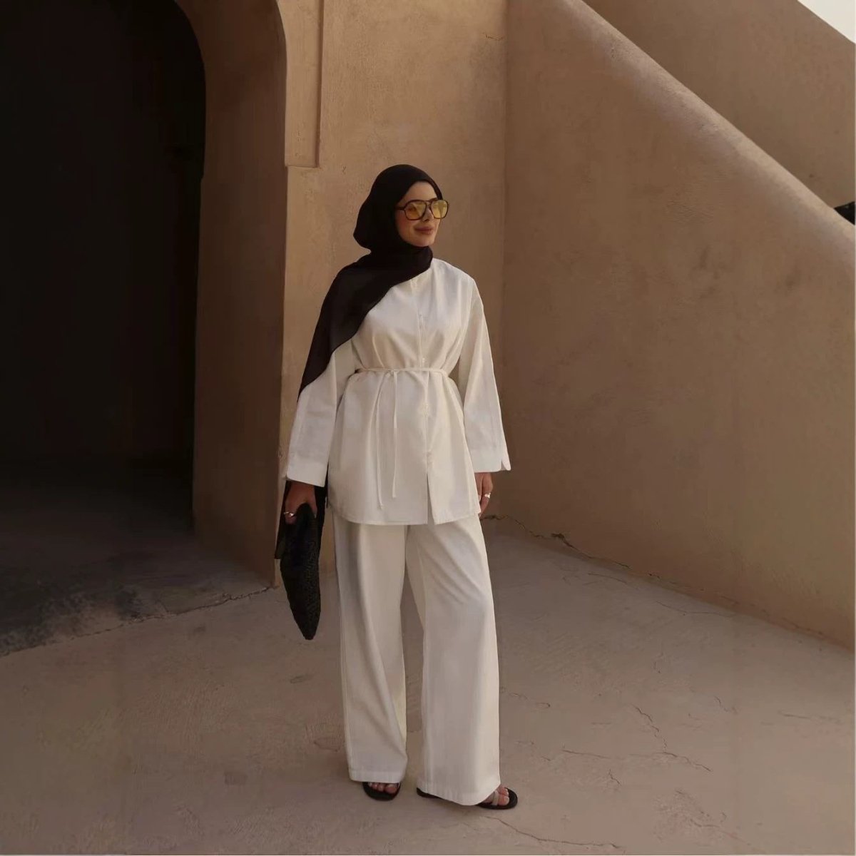 Button-Front Longline Top & Wide-Leg Trouser Set
