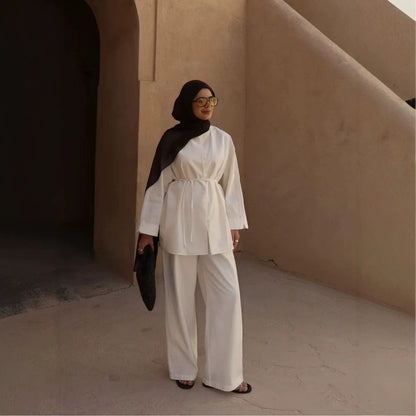 Button-Front Longline Top & Wide-Leg Trouser Set