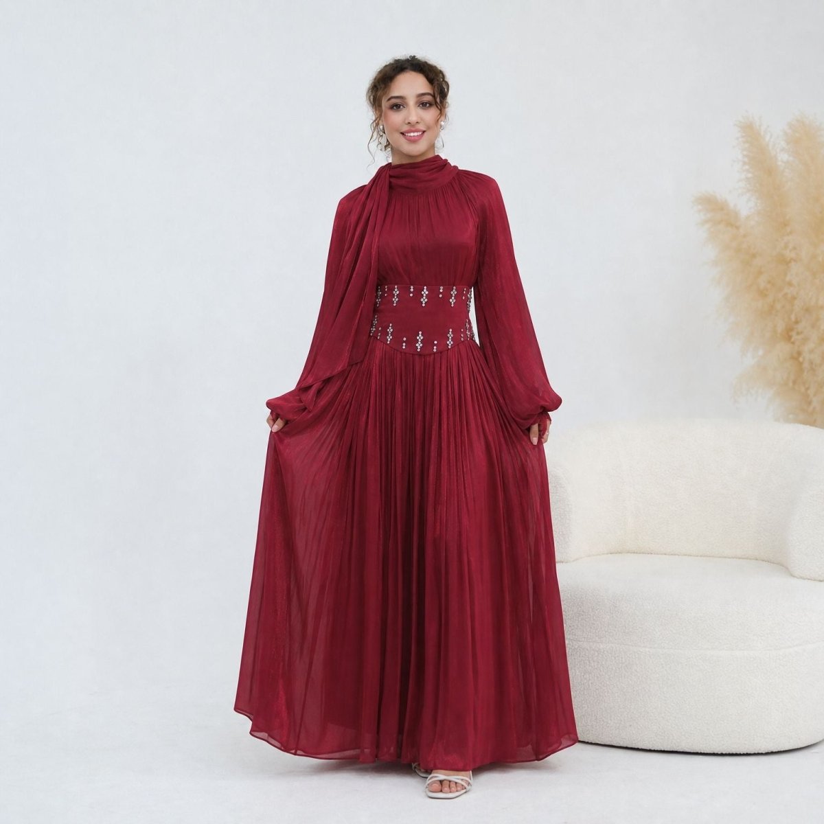Crystal-Embellished Wide Belt Puff-Sleeve Maxi Dress