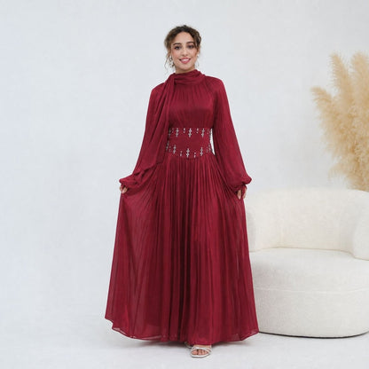 Crystal-Embellished Wide Belt Puff-Sleeve Maxi Dress