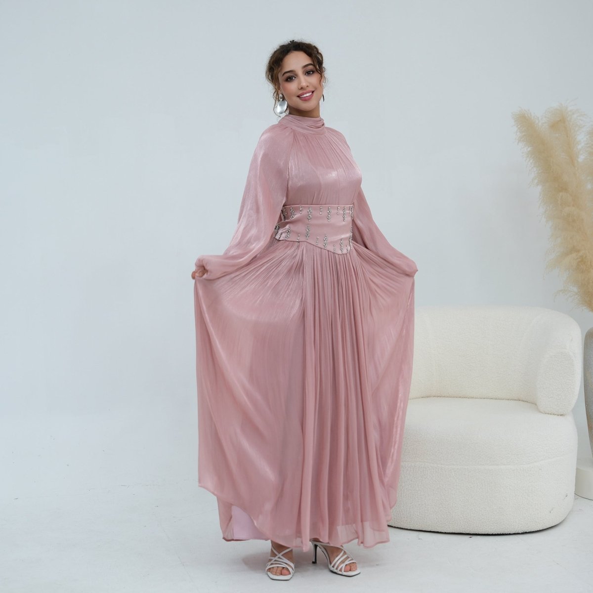 Crystal-Embellished Wide Belt Puff-Sleeve Maxi Dress
