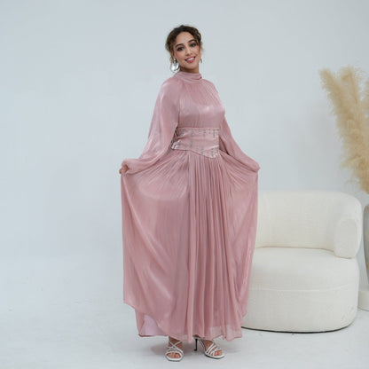 Crystal-Embellished Wide Belt Puff-Sleeve Maxi Dress