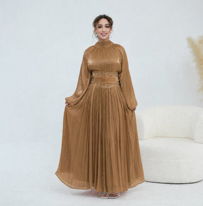 Crystal-Embellished Wide Belt Puff-Sleeve Maxi Dress