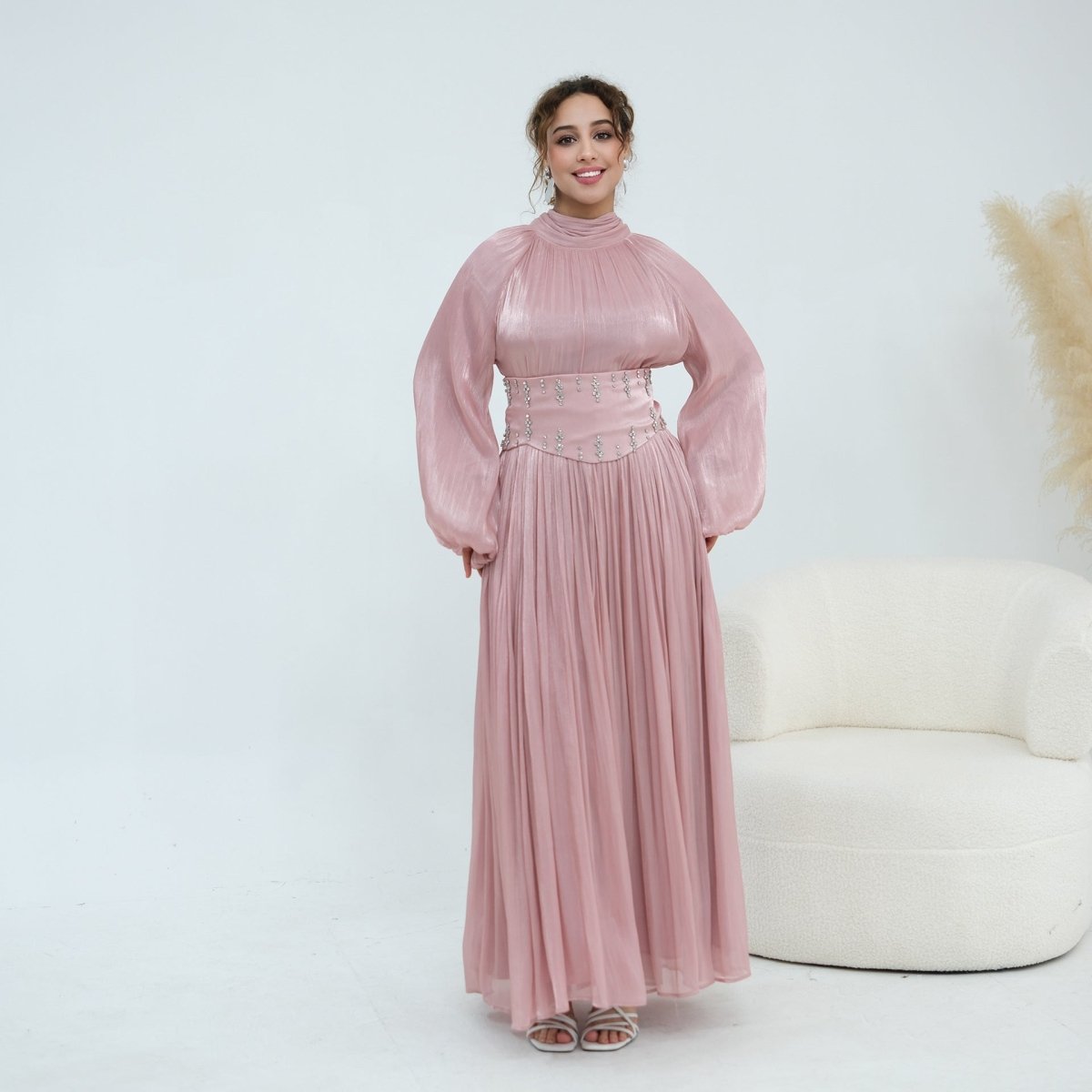 Crystal-Embellished Wide Belt Puff-Sleeve Maxi Dress