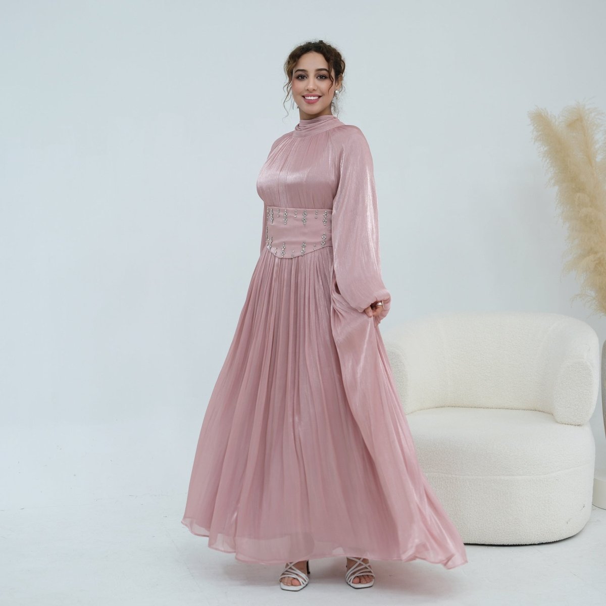 Crystal-Embellished Wide Belt Puff-Sleeve Maxi Dress