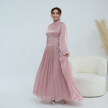 Crystal-Embellished Wide Belt Puff-Sleeve Maxi Dress