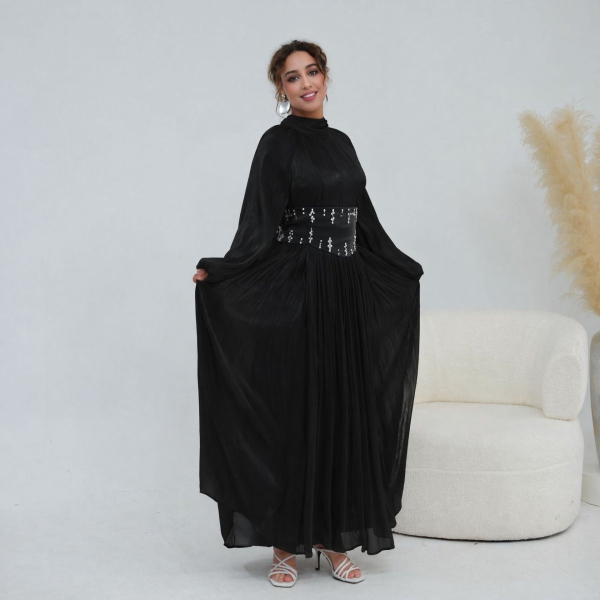 Crystal-Embellished Wide Belt Puff-Sleeve Maxi Dress