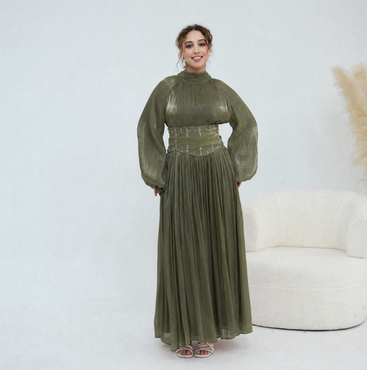 Crystal-Embellished Wide Belt Puff-Sleeve Maxi Dress