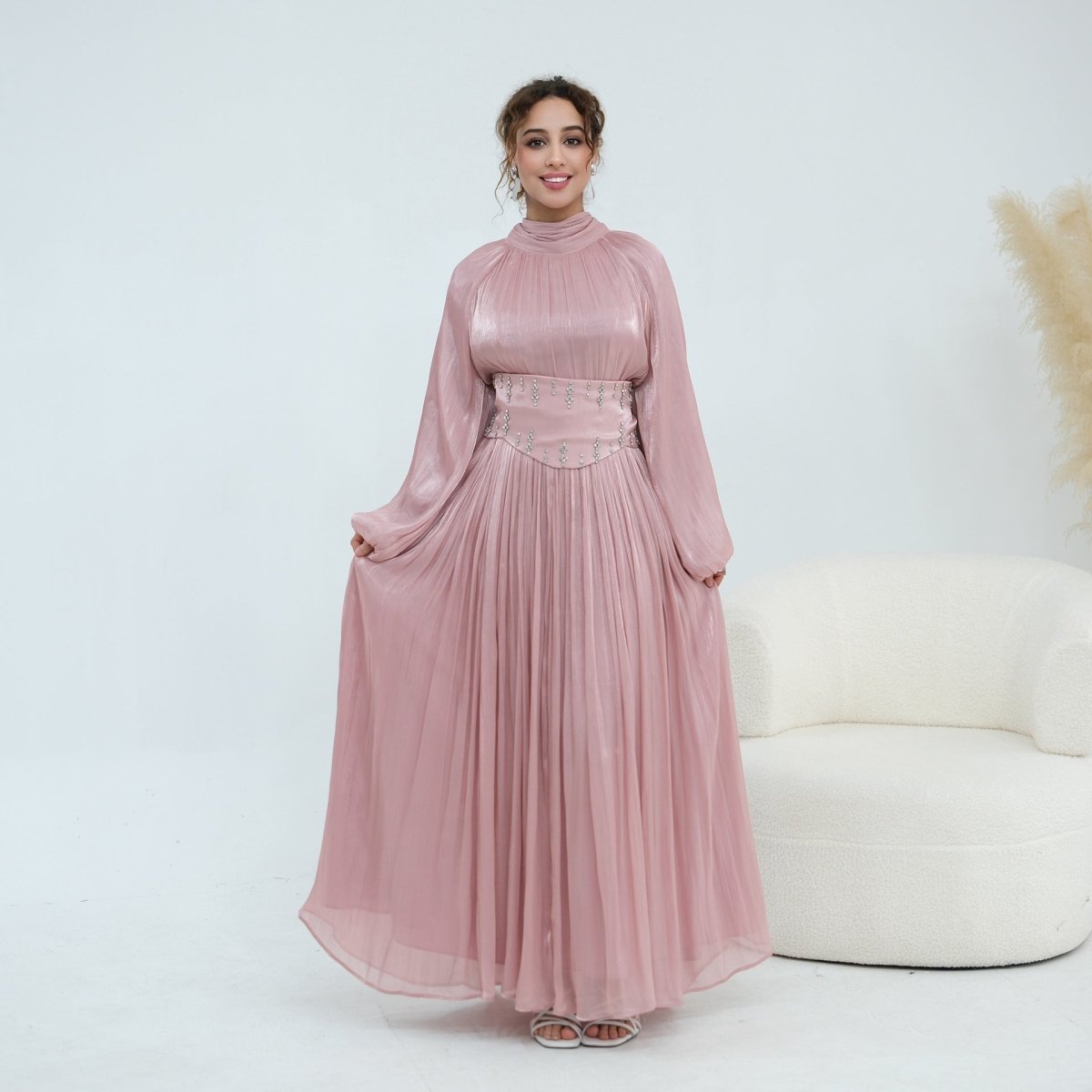 Crystal-Embellished Wide Belt Puff-Sleeve Maxi Dress