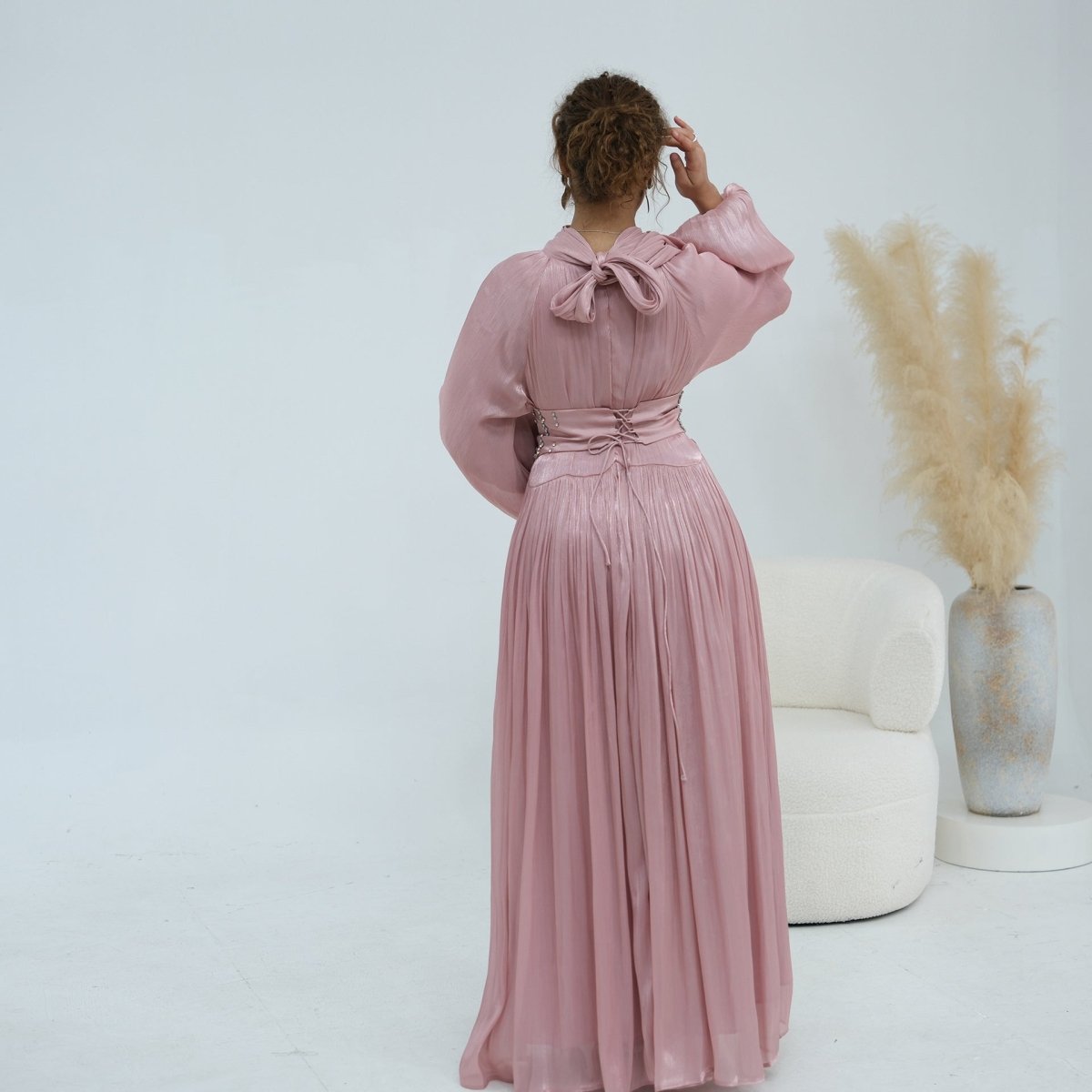 Crystal-Embellished Wide Belt Puff-Sleeve Maxi Dress