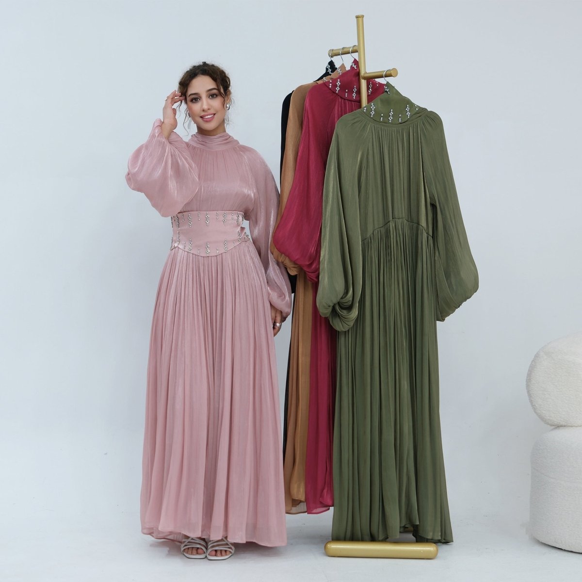 Crystal-Embellished Wide Belt Puff-Sleeve Maxi Dress