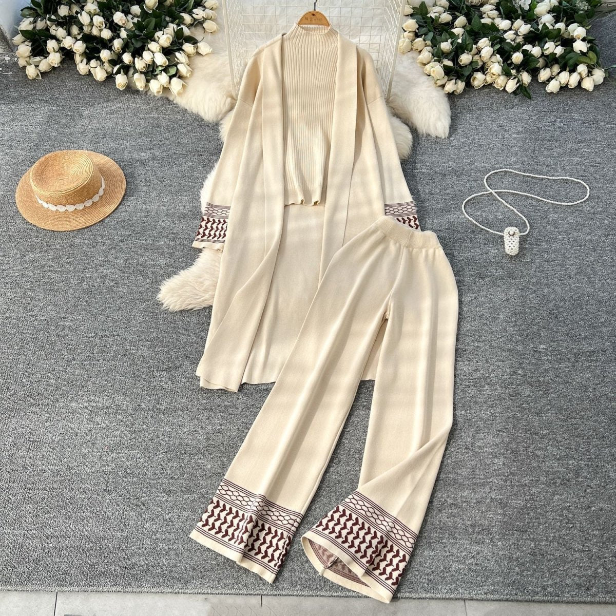 Geometric Jacquard-Trim Ribbed Knit 3-Piece Set