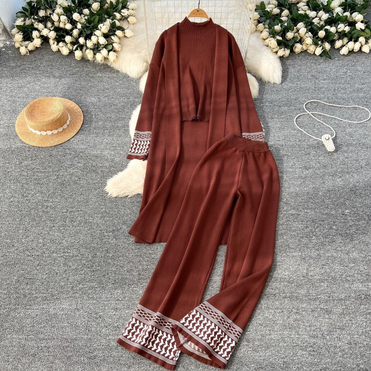 Geometric Jacquard-Trim Ribbed Knit 3-Piece Set