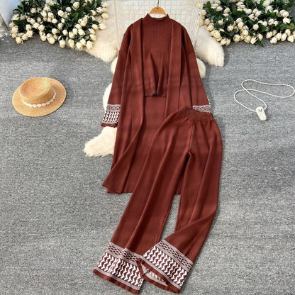 Geometric Jacquard-Trim Ribbed Knit 3-Piece Set