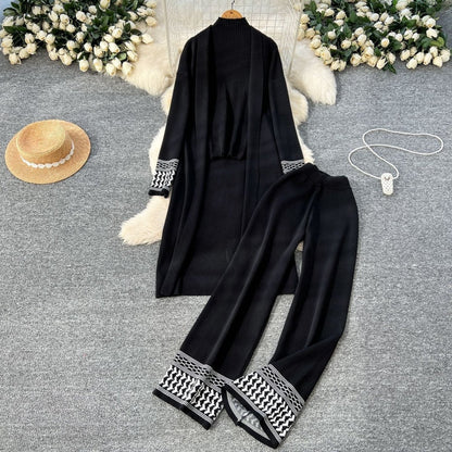 Geometric Jacquard-Trim Ribbed Knit 3-Piece Set
