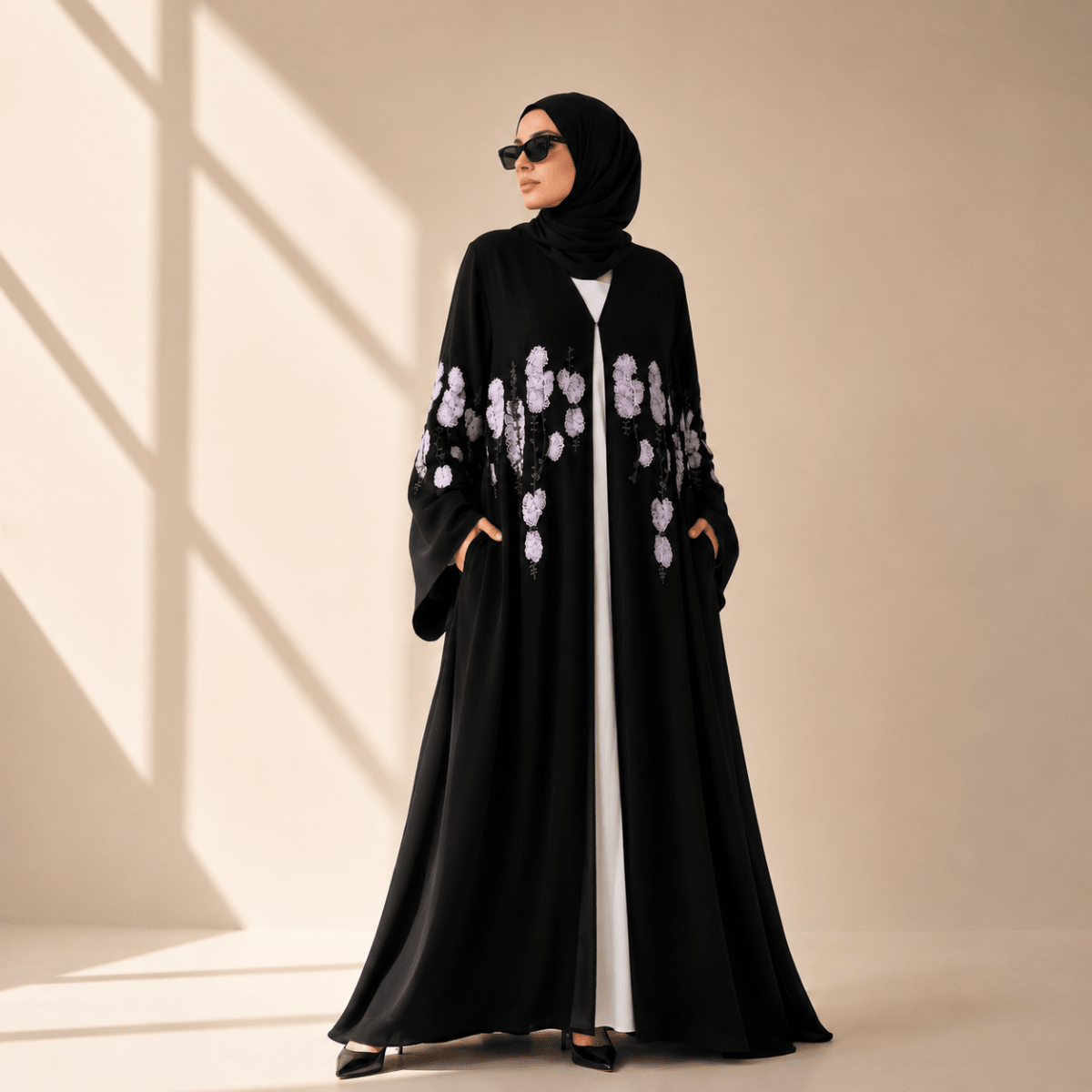 Luxury Floral Embroidered Double-Layer Chiffon Open Abaya
