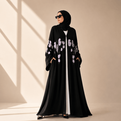 Luxury Floral Embroidered Double-Layer Chiffon Open Abaya