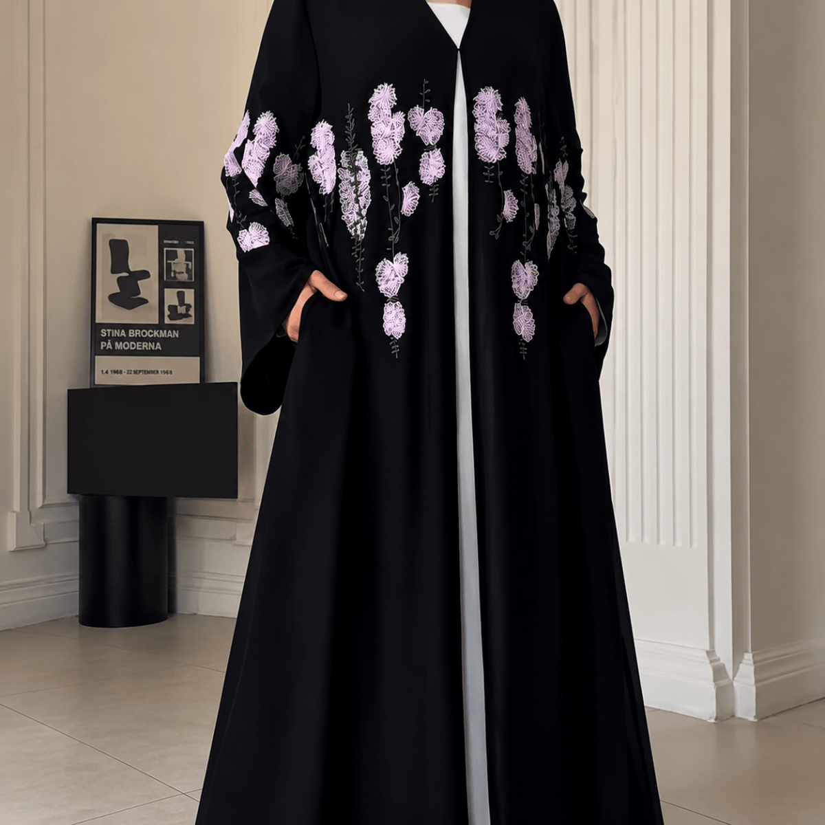 Luxury Floral Embroidered Double-Layer Chiffon Open Abaya