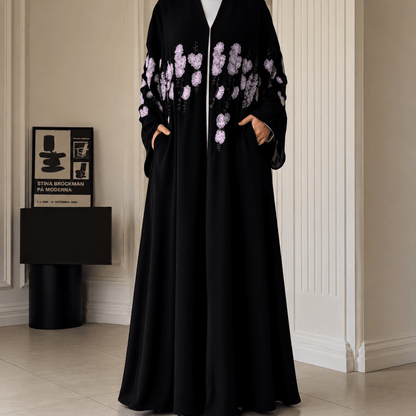 Luxury Floral Embroidered Double-Layer Chiffon Open Abaya