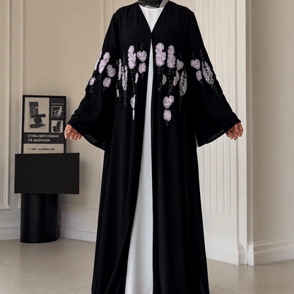 Luxury Floral Embroidered Double-Layer Chiffon Open Abaya