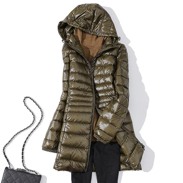 Long Down Hooded Jacket Women Winter Ultra Light Down Jacket