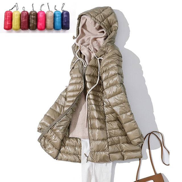 Long Down Hooded Jacket Women Winter Ultra Light Down Jacket