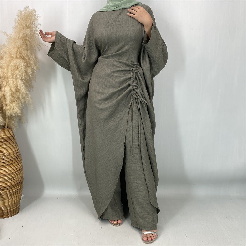 Ruched Drawstring Batwing Top & Wide-Leg Trousers Co-ord Set
