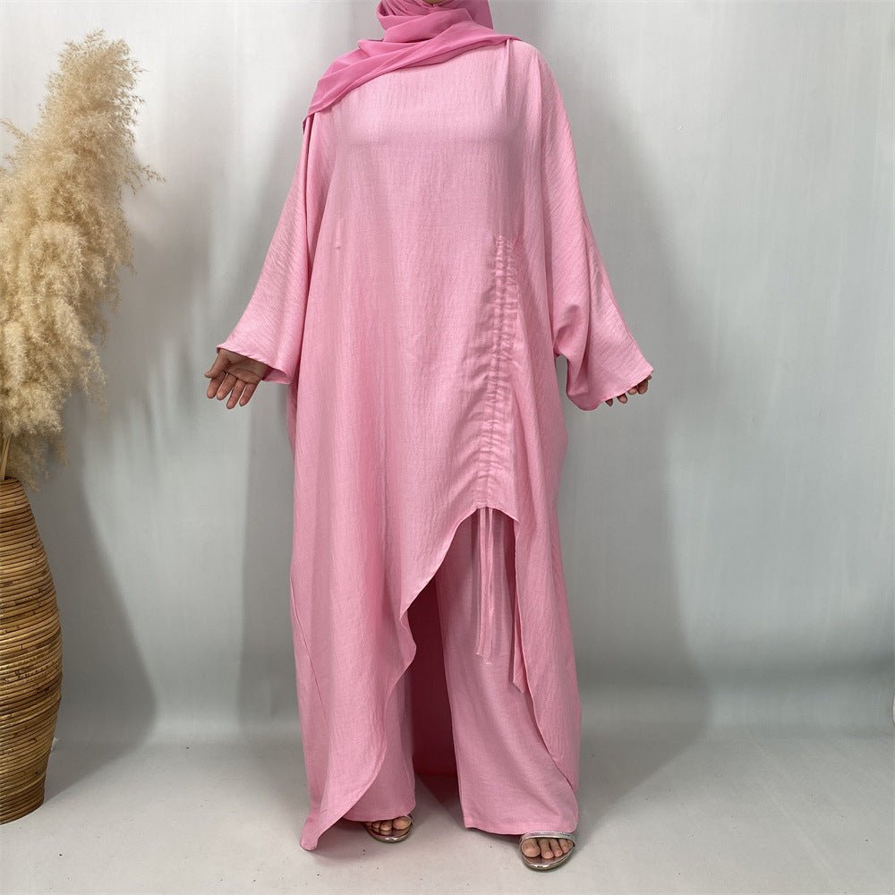Ruched Drawstring Batwing Top & Wide-Leg Trousers Co-ord Set