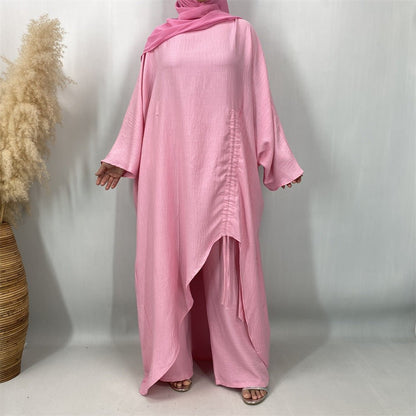 Ruched Drawstring Batwing Top & Wide-Leg Trousers Co-ord Set