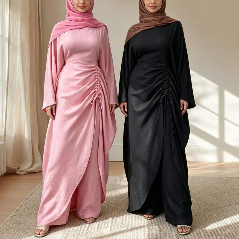 Ruched Drawstring Batwing Top & Wide-Leg Trousers Co-ord Set