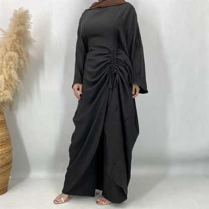 Ruched Drawstring Batwing Top & Wide-Leg Trousers Co-ord Set