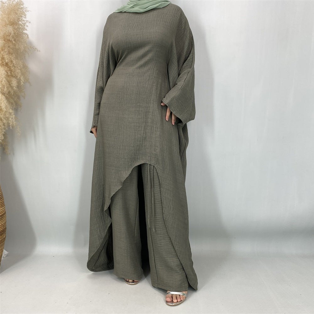 Ruched Drawstring Batwing Top & Wide-Leg Trousers Co-ord Set