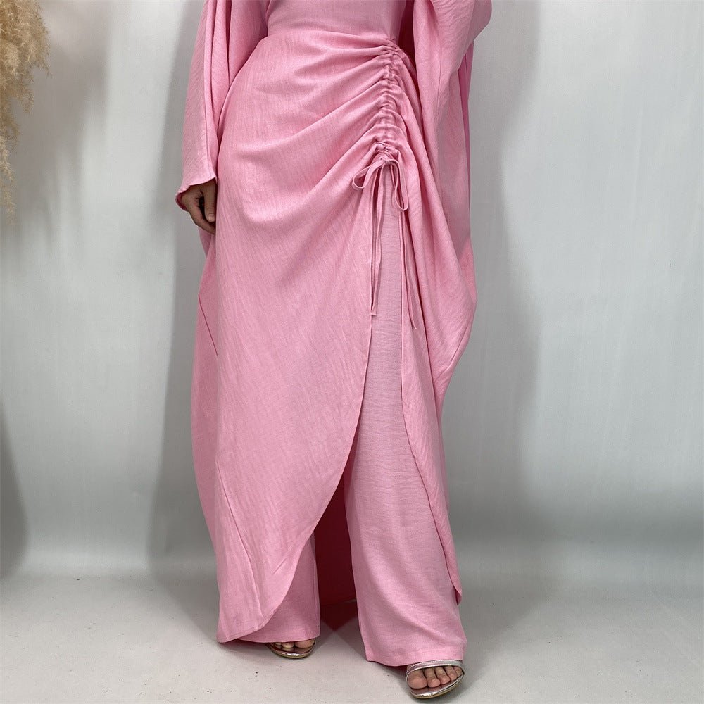 Ruched Drawstring Batwing Top & Wide-Leg Trousers Co-ord Set